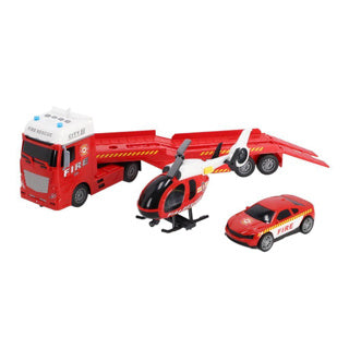 Rapid wheels autotransporter brandweer met auto en helikopter met licht en geluid en frictie