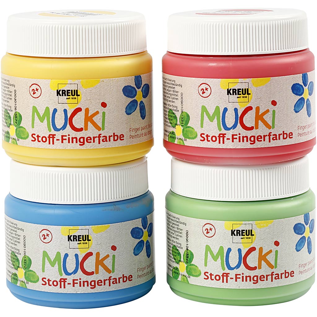Creatief bedrijf muck vingerverf blauw groen rood geel, 4x150ml