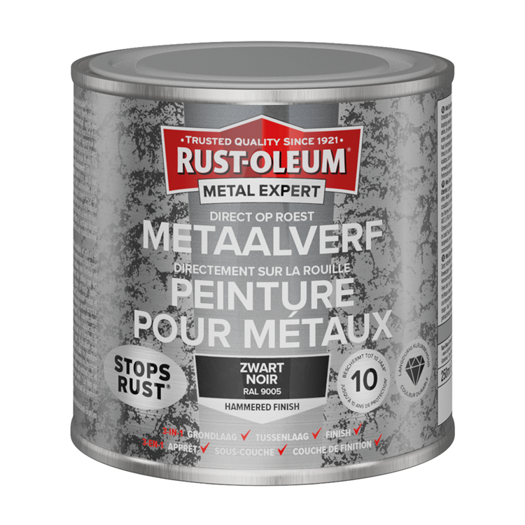Rust-oleum 1071368 - hamerslag - zwart - 250ml direct op roest - metaalverf | 1 stuks