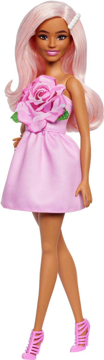 Barbie pop - schouderloos roze jurkje - pop met roze haar - modepop
