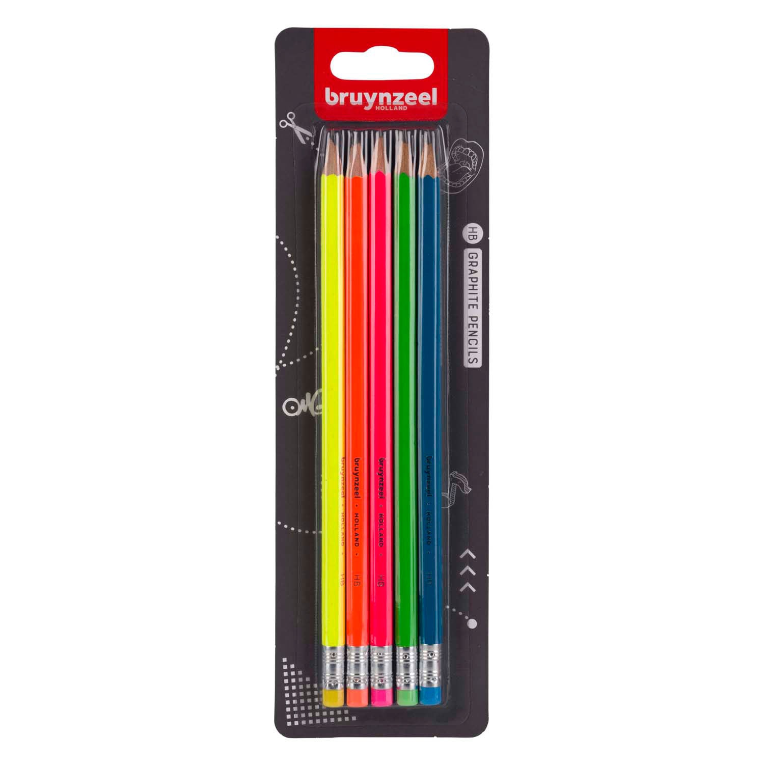 Bruynzeel grafietpotlodenset neon, 5 hb potloden met gom