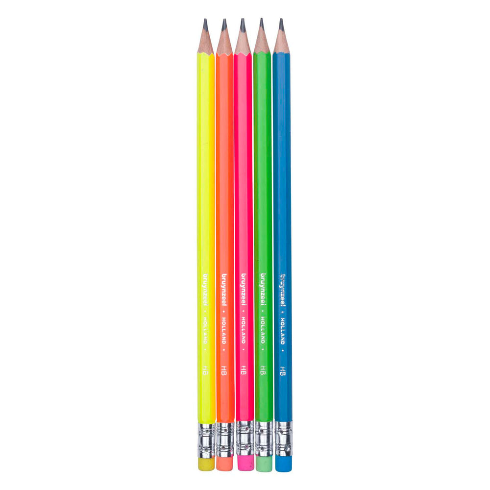 Bruynzeel grafietpotlodenset neon, 5 hb potloden met gom