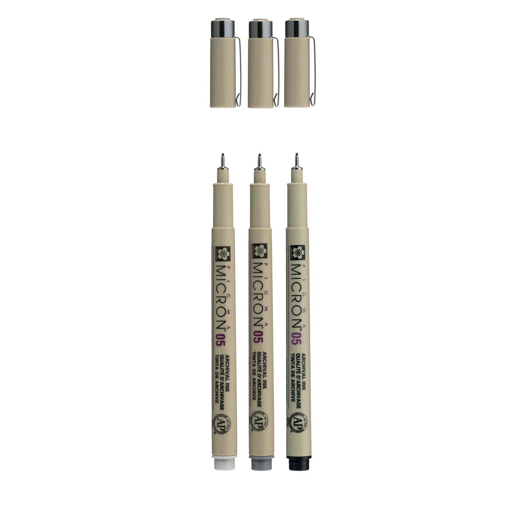 Sakura pigma micron 05 finelinerset, 3 pennen, zwartgrijs