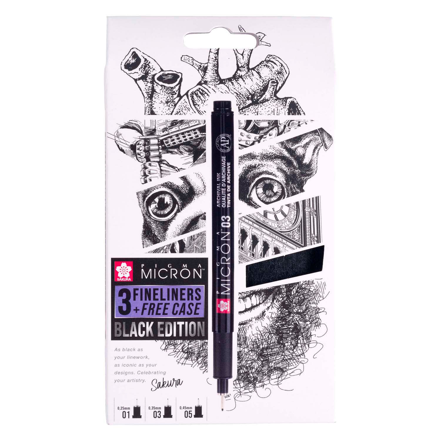 Sakura Pigma Micron Black Edition set in een gratis etui, 3st