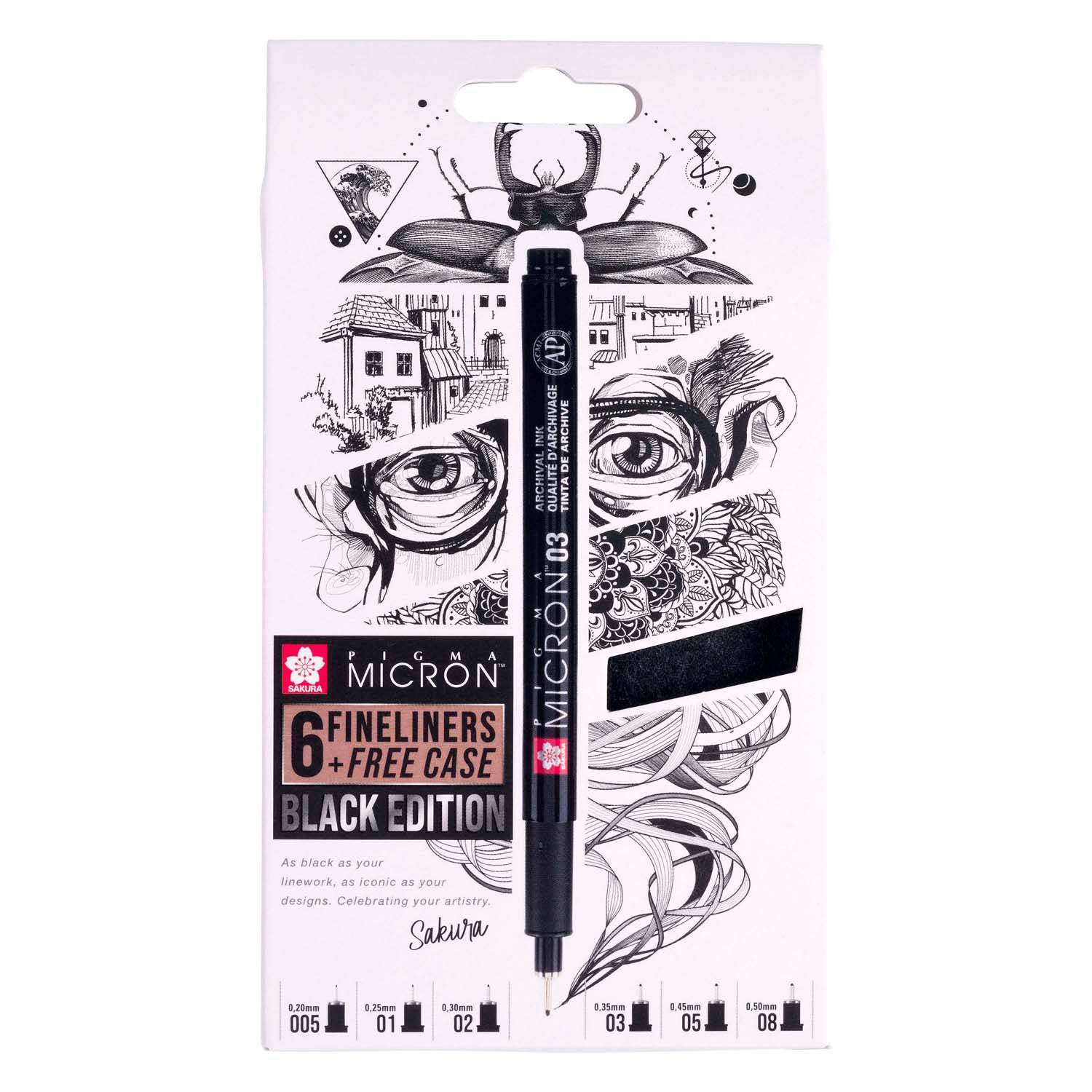 Sakura Pigma Micron Black Edition set in een gratis etui, 6st