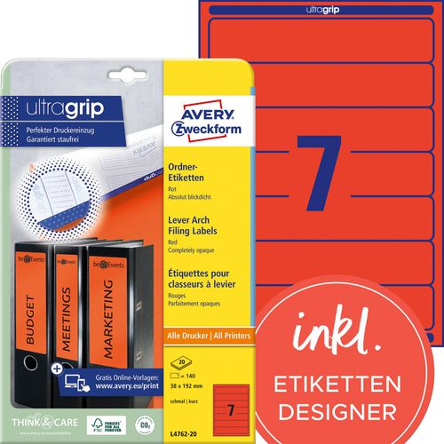 Rugetiketten avery l4762-20 zweckform rood 140 etiketten