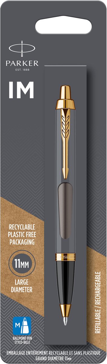 Parker im-balpen | grijze lak met gouden details | medium punt | blauwe inkt
