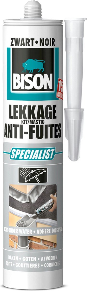 Bison lekkagekit zwart koker 300 ml, elastische afdichtingskit, wateridchte reparaties, voegen en scheuren op en rondom het dak, makkelijk aan te brengen kit