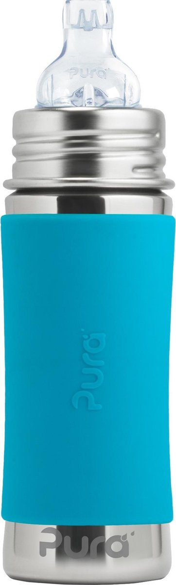 Pura tuitfles 325 ml - tuitbeker - meegroeiend - plasticvrij - vaatwasserbestendig - inclusief siliconen tuit, reisdop en sleeve - aqua