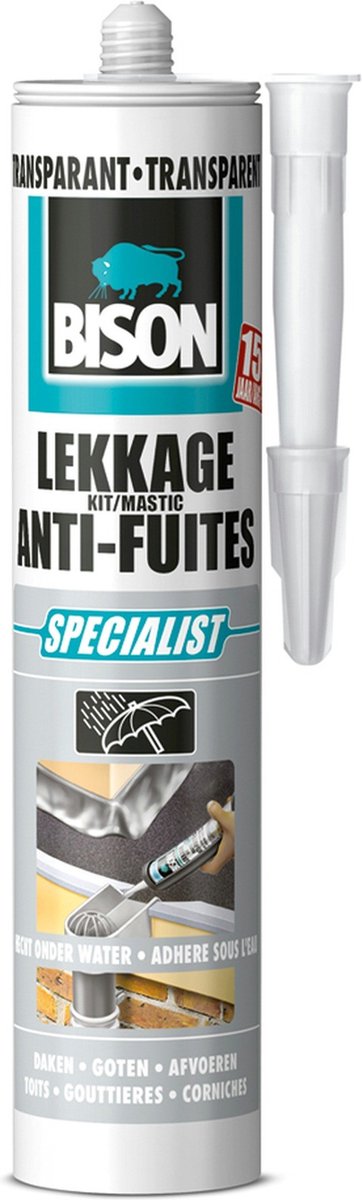 Bison lekkagekit transparant koker 300 ml, elastische afdichtingskit, waterdichte reparaties, voegen en scheuren op en rondom het dak, makkelijk aan te brengen kit