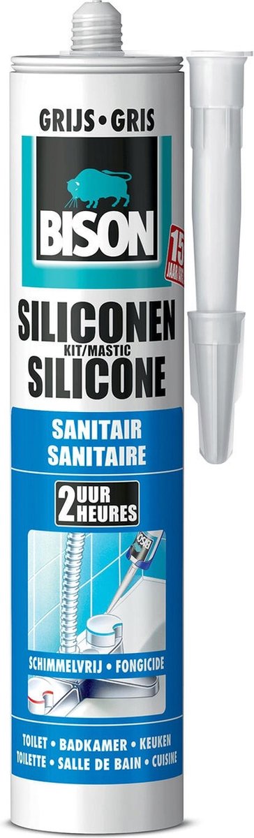 Bison siliconenkit grijs koker 300 ml - waterbestendige kit, sanitaire afdichting, ongevoelig voor schimmel, kleurvast, blijvend elastisch, makkelijk verwerkbaar