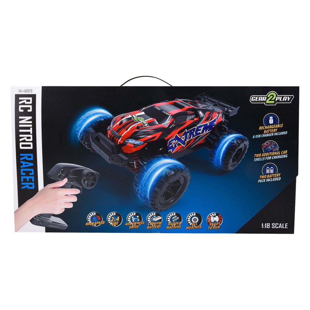 Gear2play rc nitro racer terreinwagen 1:18 - incl. 2 oplaadbare batterijen - high speed 35 km u - all weather terreinbanden