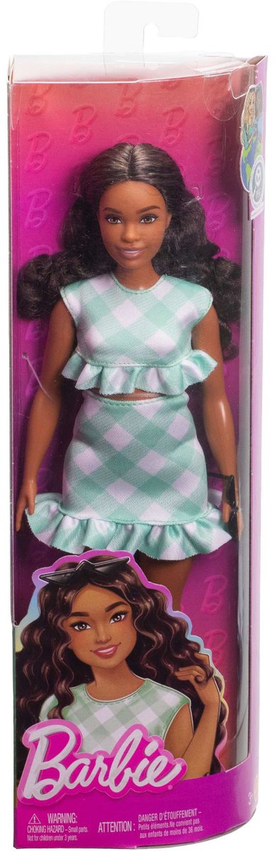 Barbie pop - pop met donkerbruin haar en groen geruit jurkje - modepop