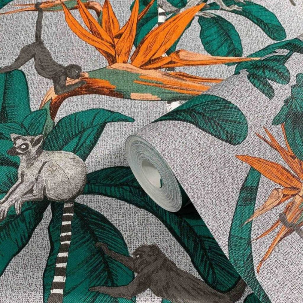 Noordwand behang topchic aap jungle bladeren groen en grijs