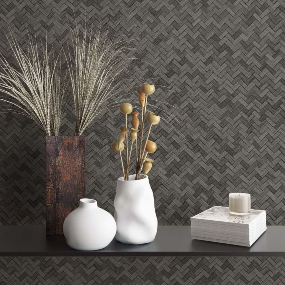 Noordwand behang botanica rotan vlechtwerk zwart en grijs