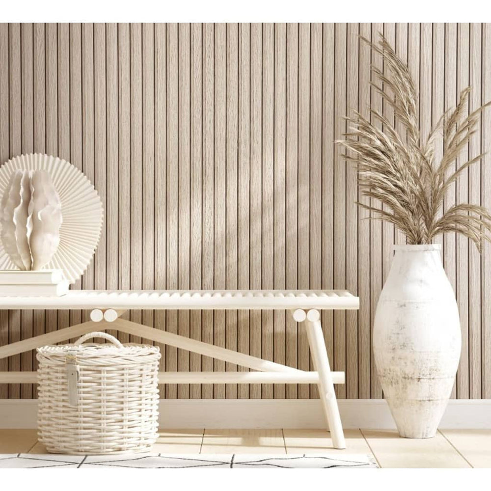 Noordwand behang botanica houten latten beige