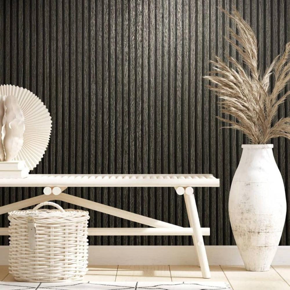 Noordwand behang botanica houten latten zwart en grijs