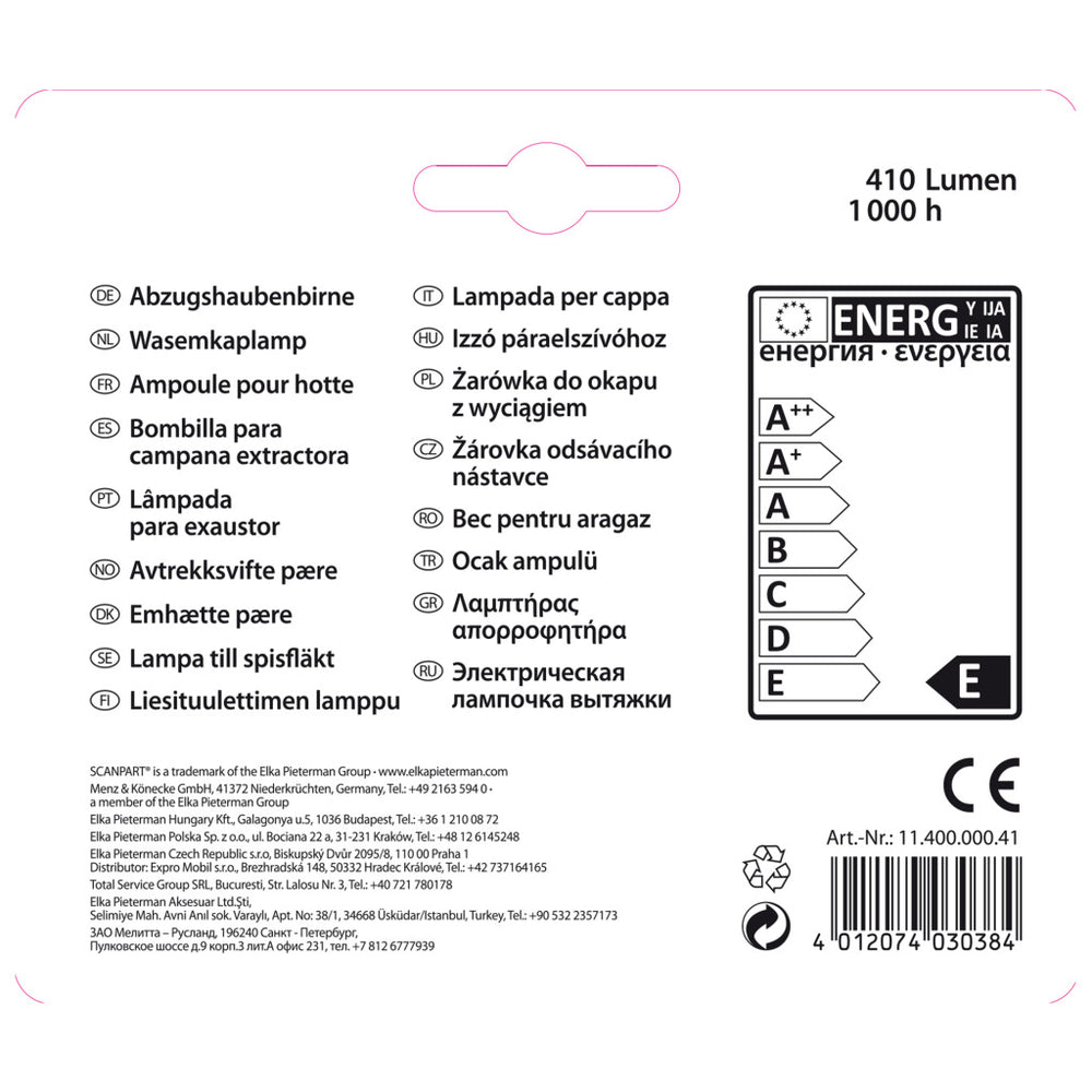 Scanpart afzuigkaplamp e14 40w t25 2-pa