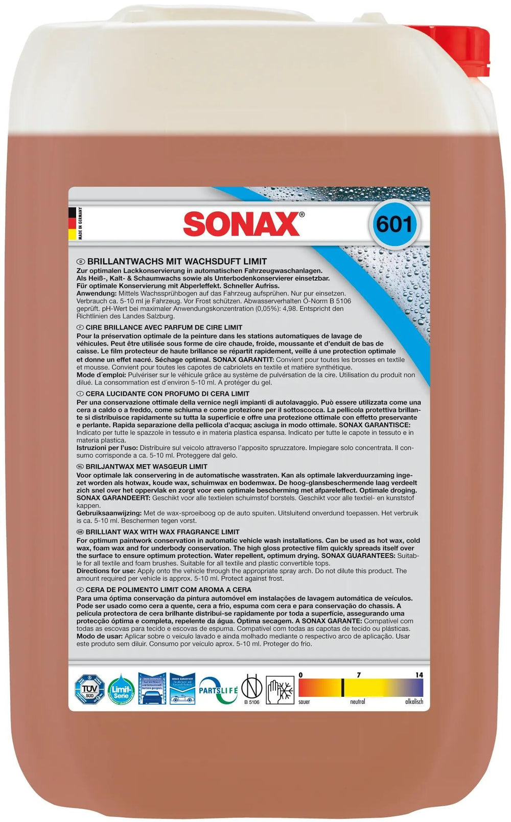 Sonax reinigungszusatz brillantwachs mit wachsduft brilliant wax limit 25 25 l cubitainer