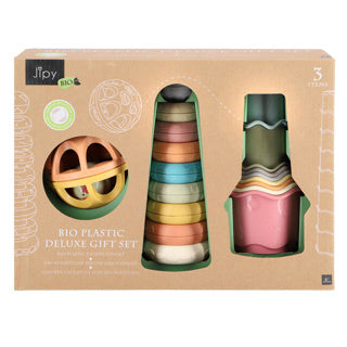 Jipy bioplastic deluxe giftset stapeltoren slechte stapelbekertjes en speel ratelbal 3 delig