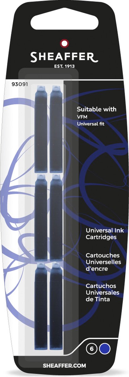 Sheaffer inktpatronen set - skrip - verpakt op blister - 6 stuks - voor vfm - schrijfkleur blauw - sf-93091