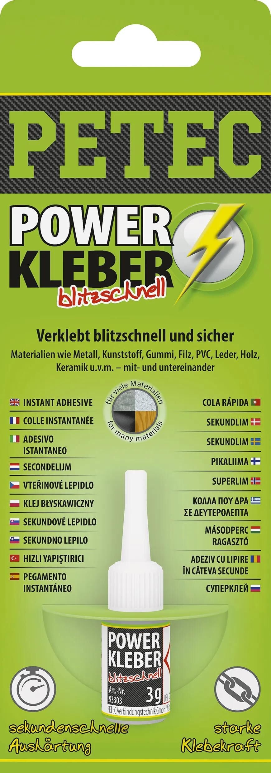 Petec universele lijm power kleber blitzschnell second adhesive 3g sb water bottle