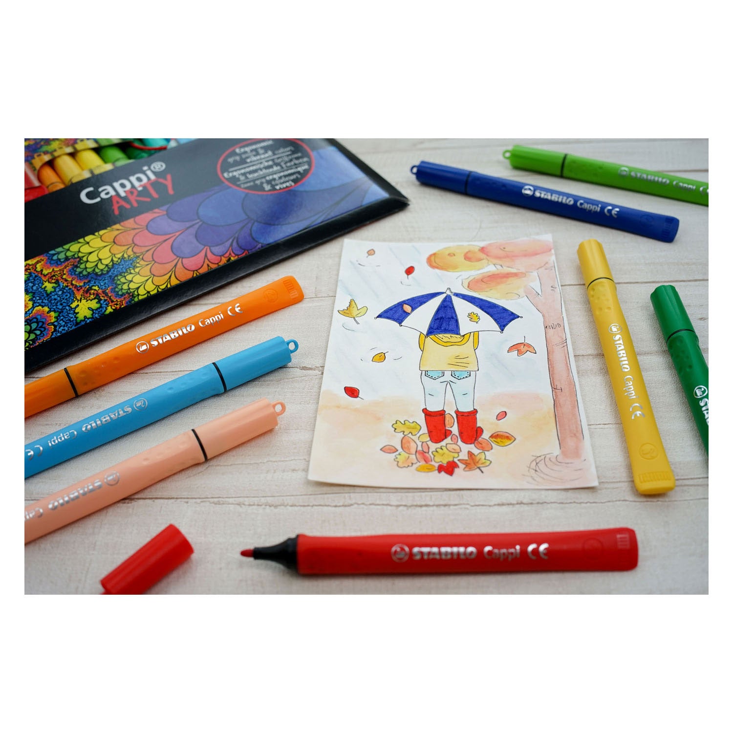 Stabilo cappi - viltstift - nooit meer je dop kwijt dankzij de dopring - arty etui met 12 kleuren + 1 dopring