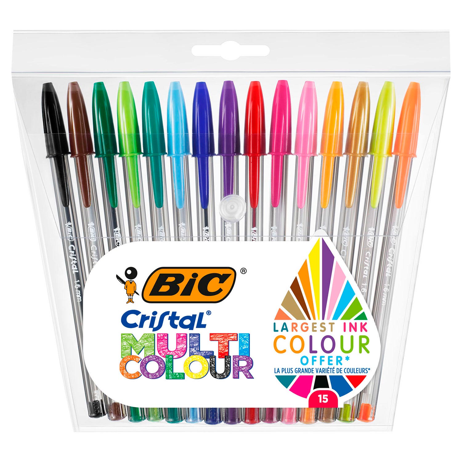 Bic cristal multicolour balpennen brede punt (1.6 mm) - verschillende kleuren - pak van 15 stuks
