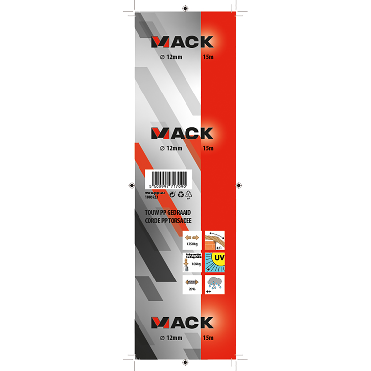 Mack 1006923 - pp gedraaid oranje streng 12mm 15m | 5 stuks