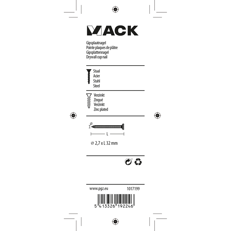 Mack 1017199 - gipsplaatnagel staal verzinkt 100 gr 2,7 x 32 mm | 5 stuks