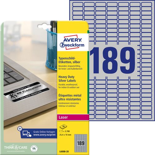 Etiketten avery l6008 zilver 25,4 x 10 mm