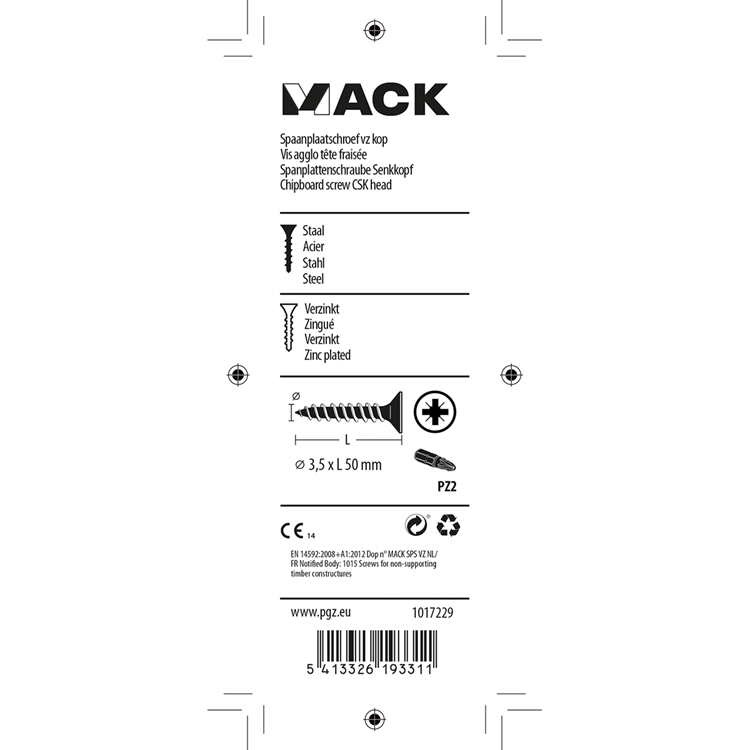 Mack 1017229 - spaanplaatschroef vz kop geelverz.14 st 3,5 x 50 mm | 10 stuks