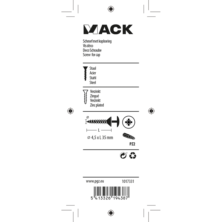 Mack 1017331 - schroef met kopboring staal verz. 12 st 4,5 x 35 mm | 10 stuks