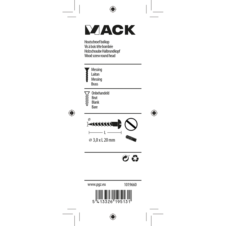 Mack 1019660 - houtschroef bolkop messing 11 st 3,0 x 20 mm | 10 stuks