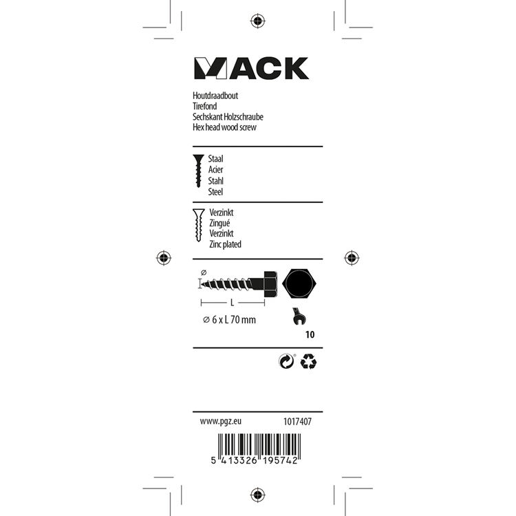 Mack 1017407 - houtdraadbout staal verzinkt 7 st 6 x 70 mm | 10 stuks