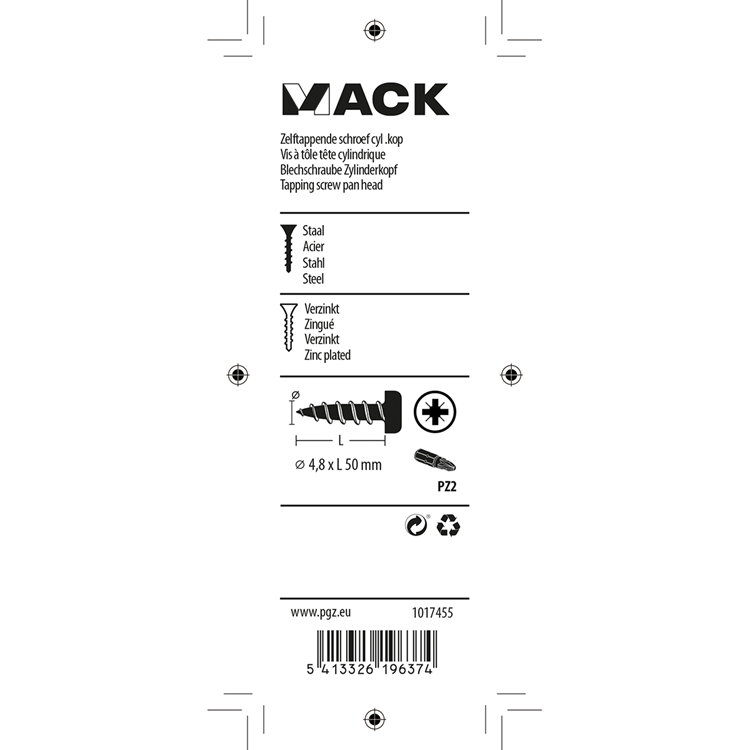 Mack 1017455 - zelftappende schroef cyl kop verz. 7 st 4,8 x 50 mm | 10 stuks