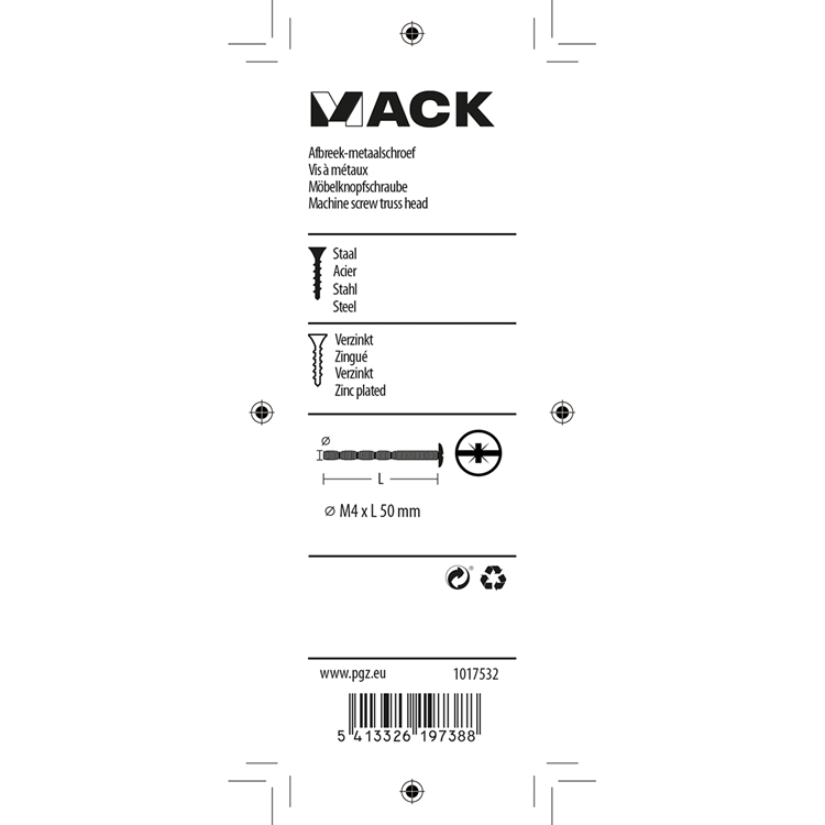 Mack 1017532 - afbreek-metaalschroef verz. 4 st m4 x 50 mm | 10 stuks