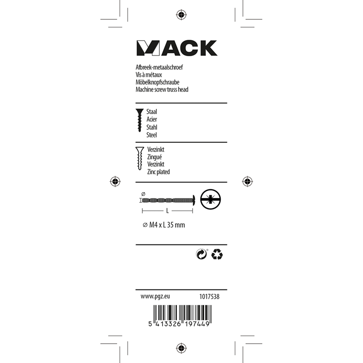 Mack 1017538 - afbreek-metaalschroef verz. 4 st m4 x 35 mm | 10 stuks