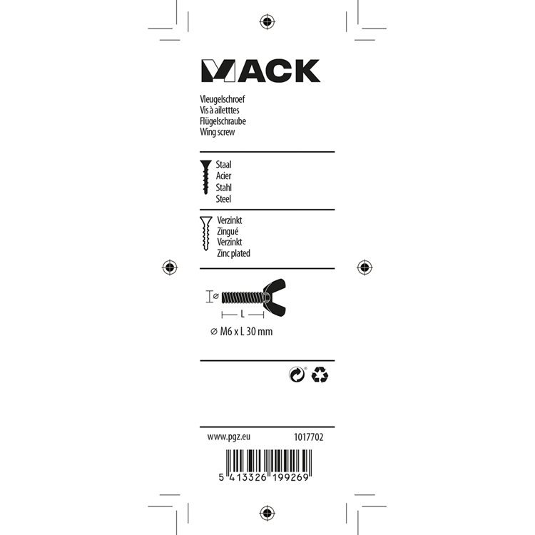 Mack 1017702 - vleugelschroef geelverzinkt 3 st m6 x 30 mm | 10 stuks