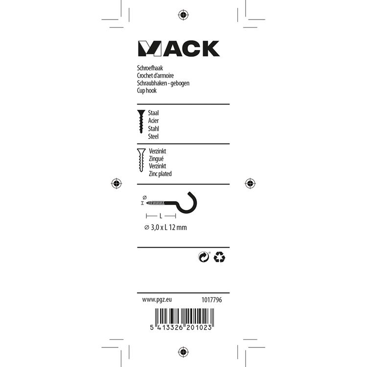 Mack 1017796 - schroefhaak staal verzinkt 15 st 3,0 x 12 mm | 10 stuks