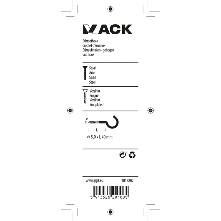 Mack 1017802 - schroefhaak staal verzinkt 4st 5,0 x 40 mm | 5 stuks
