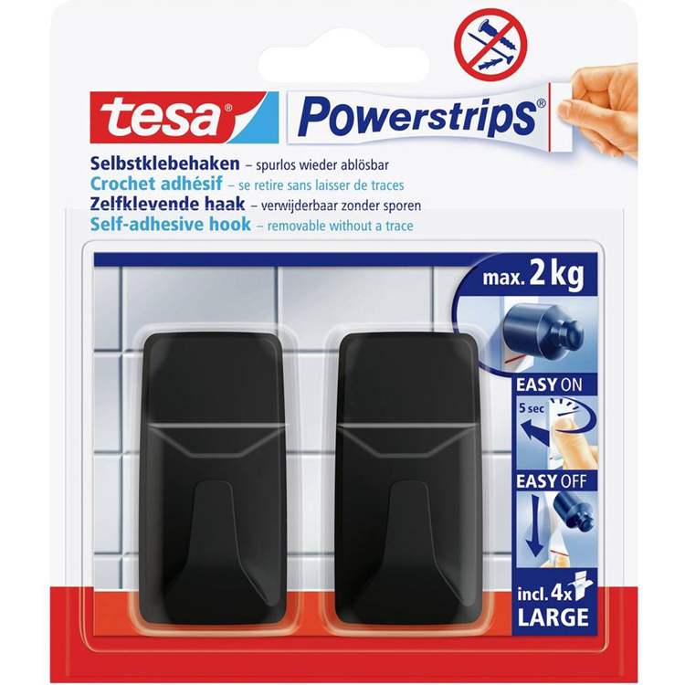 Tesa 1072303 - powerstrips rechthoek haken l zwart, 2kg, 2 stuks | 6 stuks