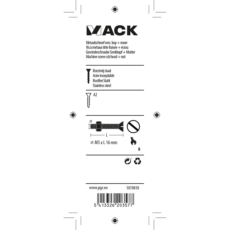 Mack 1019810 - metaalschroef verz. kop + moer rvs 8 st m5x16 | 10 stuks