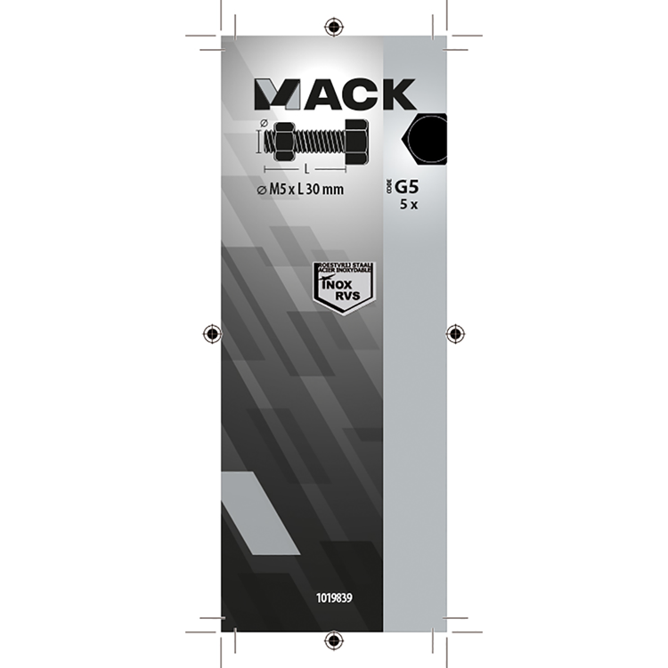 Mack 1019839 - tapbout + moer roestvrijstaal 5 st m5x30 | 10 stuks