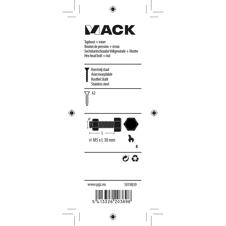 Mack 1019839 - tapbout + moer roestvrijstaal 5 st m5x30 | 10 stuks