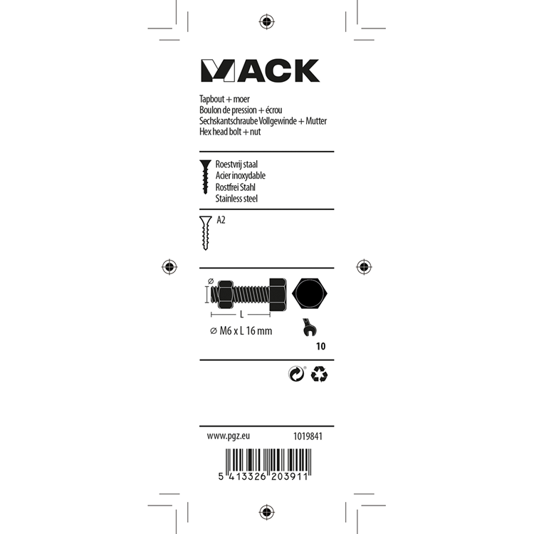 Mack 1019841 - tapbout + moer roestvrijstaal 5 st m6x16 | 10 stuks