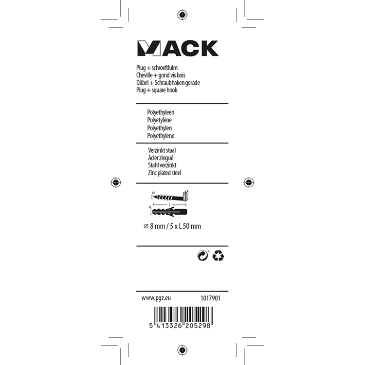 Mack 1017901 - plug + schroefduim polyeth 4 st 8mm 5x50mm | 5 stuks