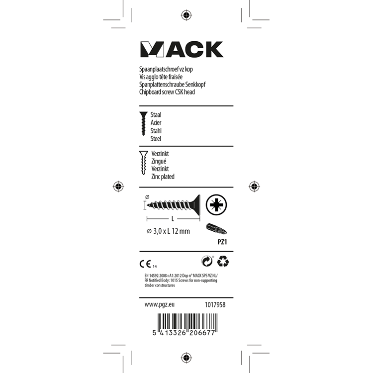 Mack 1017958 - spaanplaatschroef vz kop geelverz 200st 3,0 x 12 mm | 10 stuks