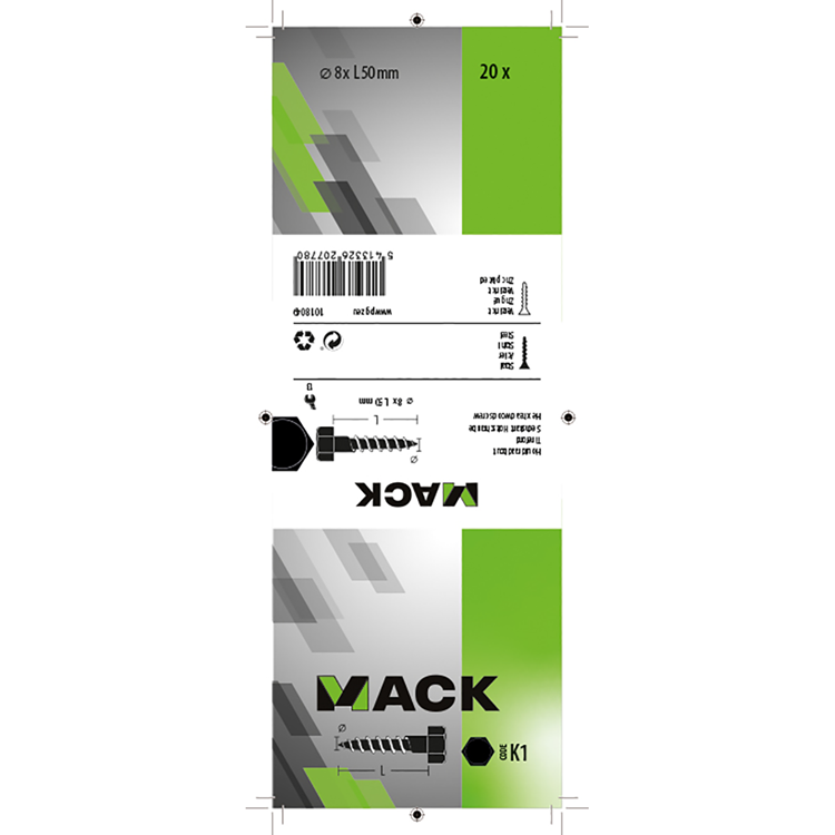 Mack 1018049 - houtdraadbout staal verzinkt 20 st 8 x 50 mm | 5 stuks
