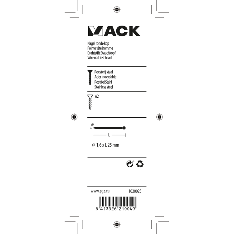 Mack 1020025 - nagel ronde kop inox a2 85 st 1,6 x 25 mm | 5 stuks